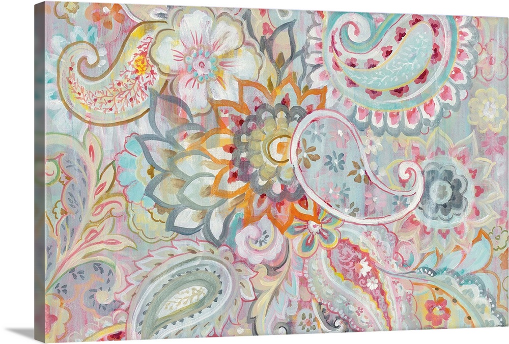 Bohemian abstract painting with busy, colorful floral and paisley designs.