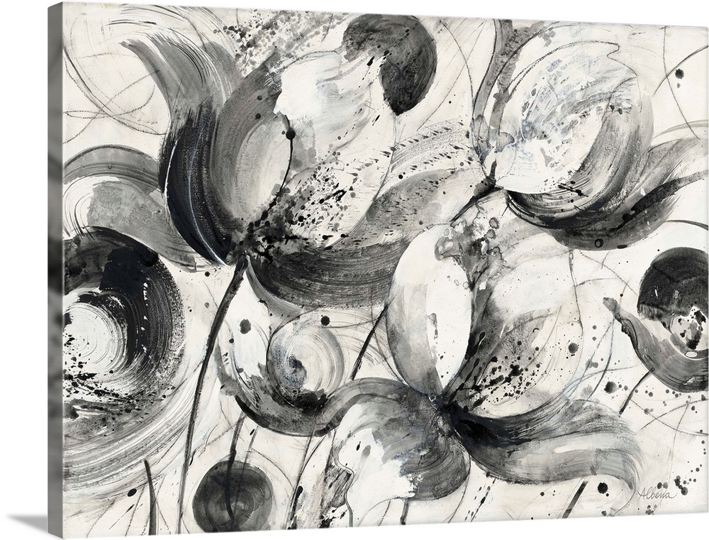 Black and white abstract watercolor painting of flowers.