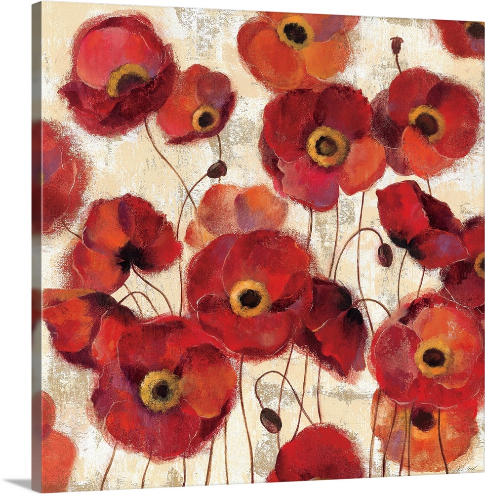 A large square print that contains numerous painted poppy flowers throughout the piece.