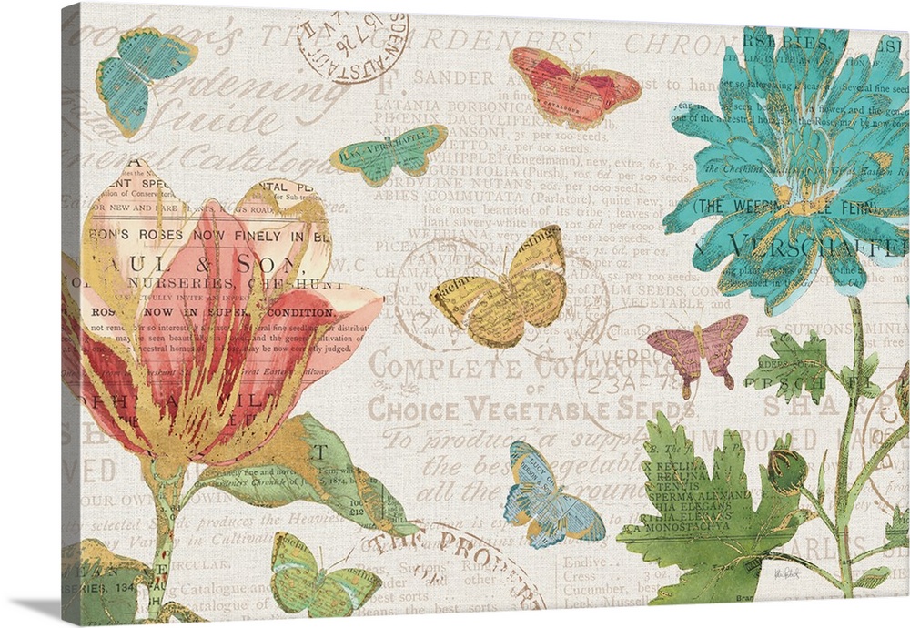 Flowers and butterflies on a faded text background created with mixed media.