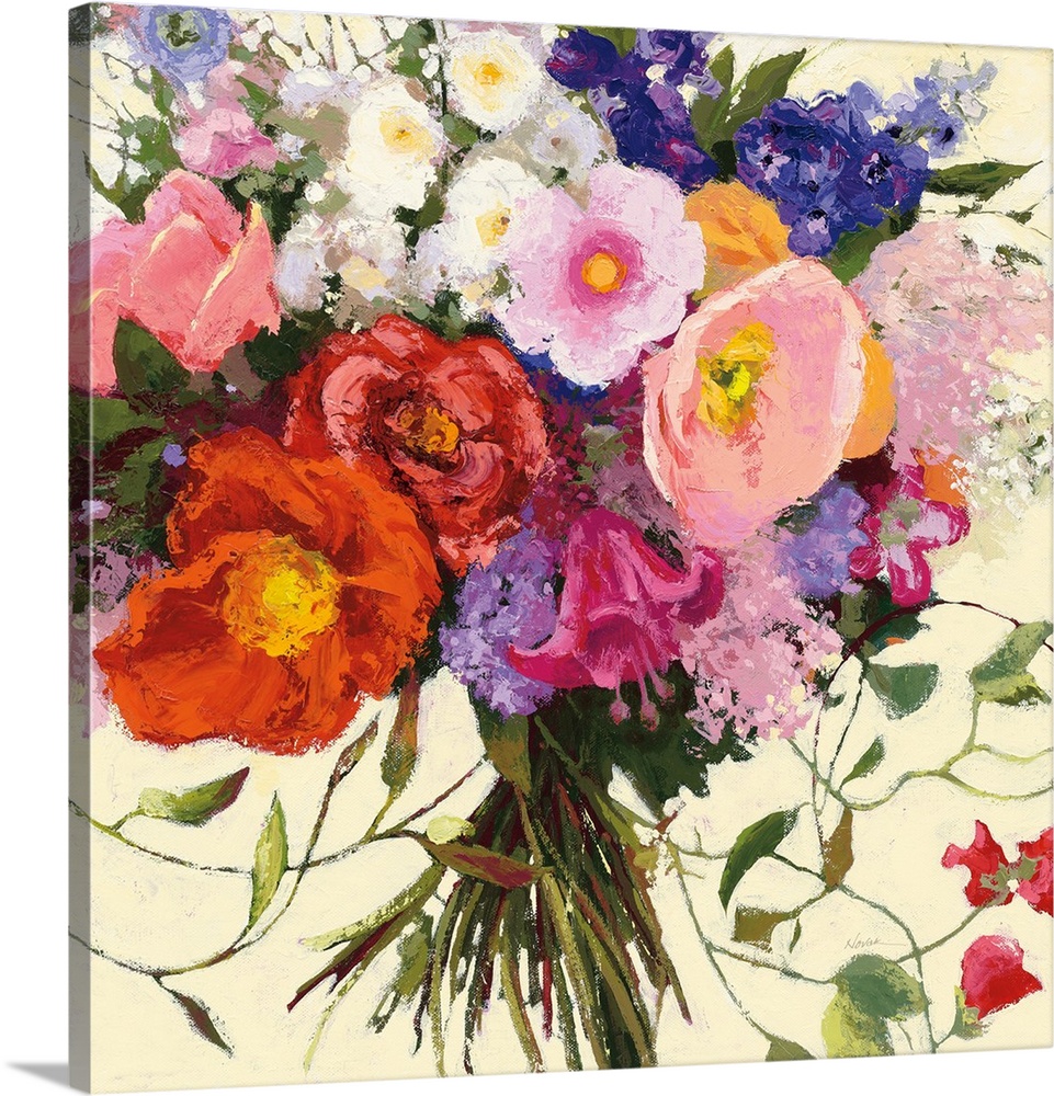 Square painting of a bouquet of Spring flowers on a cream background.
