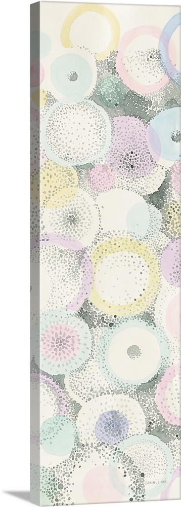 This contemporary artwork uses pointillism and negative space to create a motif of circular shapes in pastel colors.