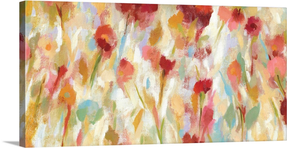 Contemporary painting of red flowers in a garden.