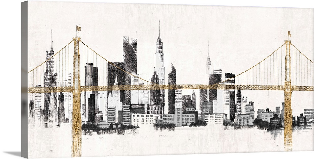 Contemporary painting in black and gold of the Manhattan Bridge in front of the New York City skyline.