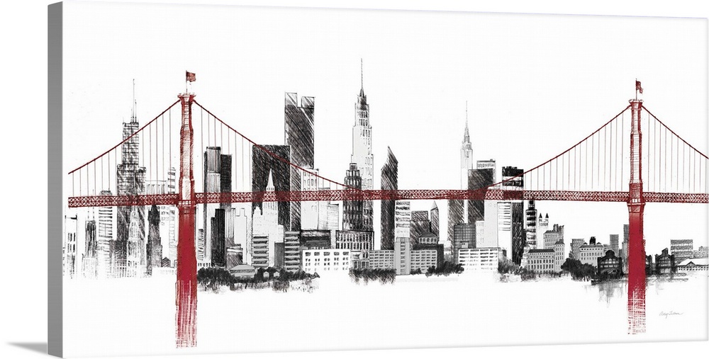 Contemporary artwork of a sketched skyline of New York City with a red bridge in front.