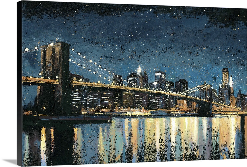Contemporary painting of the Brooklyn Bridge at night with the water reflecting the city lights.