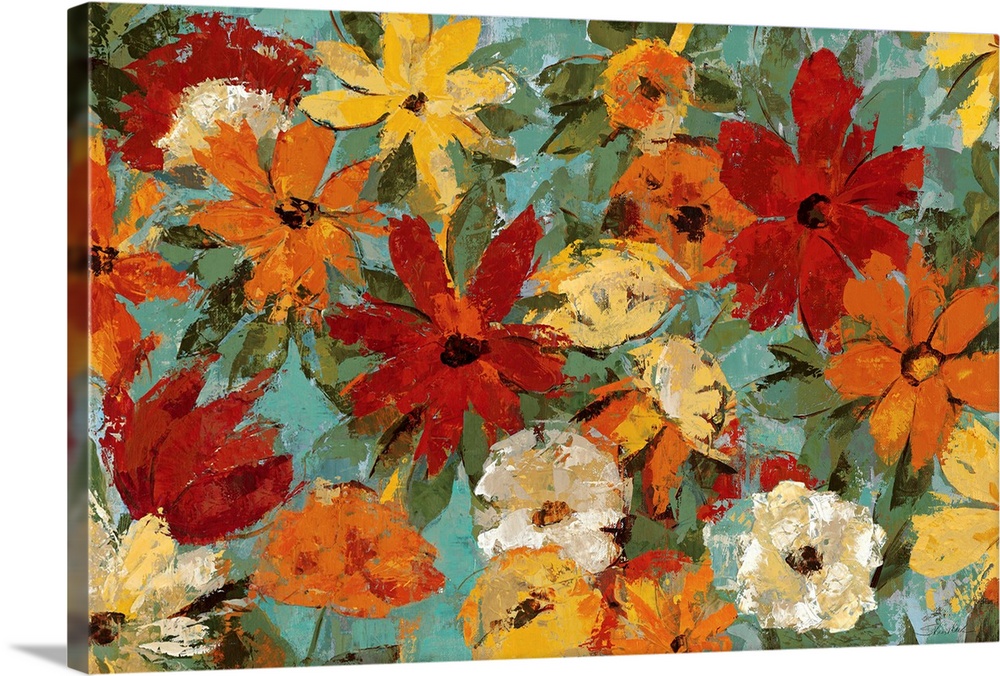 Decorative artwork perfect for the home of warm toned painted flowers against a greenish blue background.