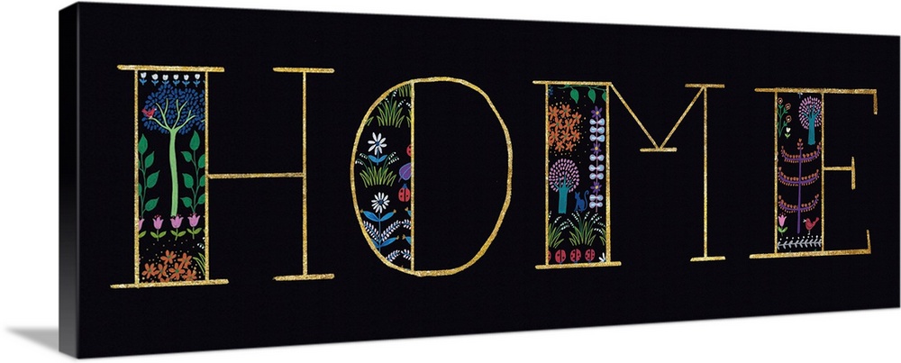 "HOME" with a floral design on a black background.