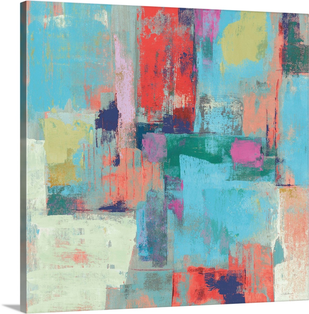 Colorful abstract painting with layers of color on a square canvas.