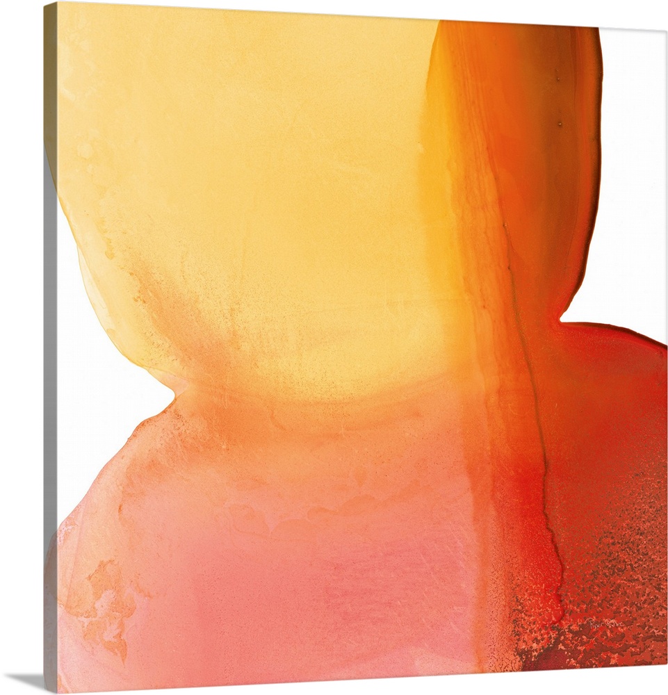 An organic contemporary painting of large, rounded orange shapes on a white background