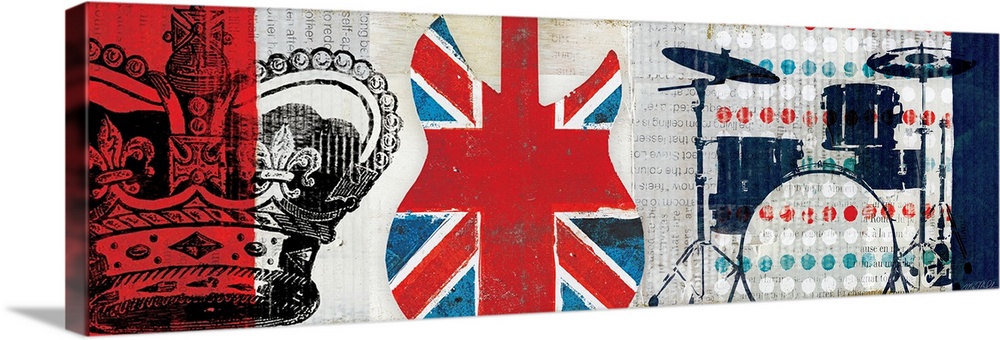 Large, horizontal artwork of collaged British imagery and colors, including an illustrated crown, a guitar with the Britis...
