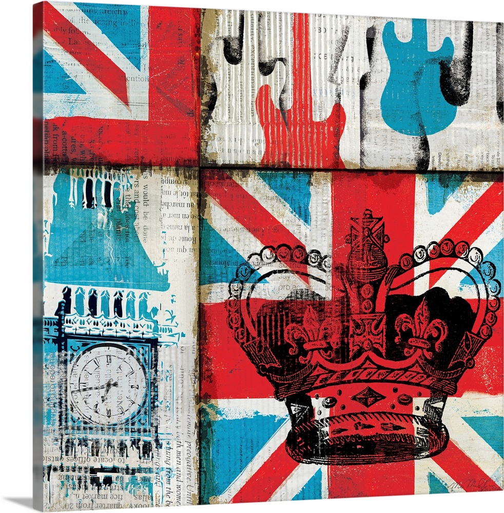 This retro artwork has the United Kingdom flag as the background with Big Ben, guitars and a crown placed over it.