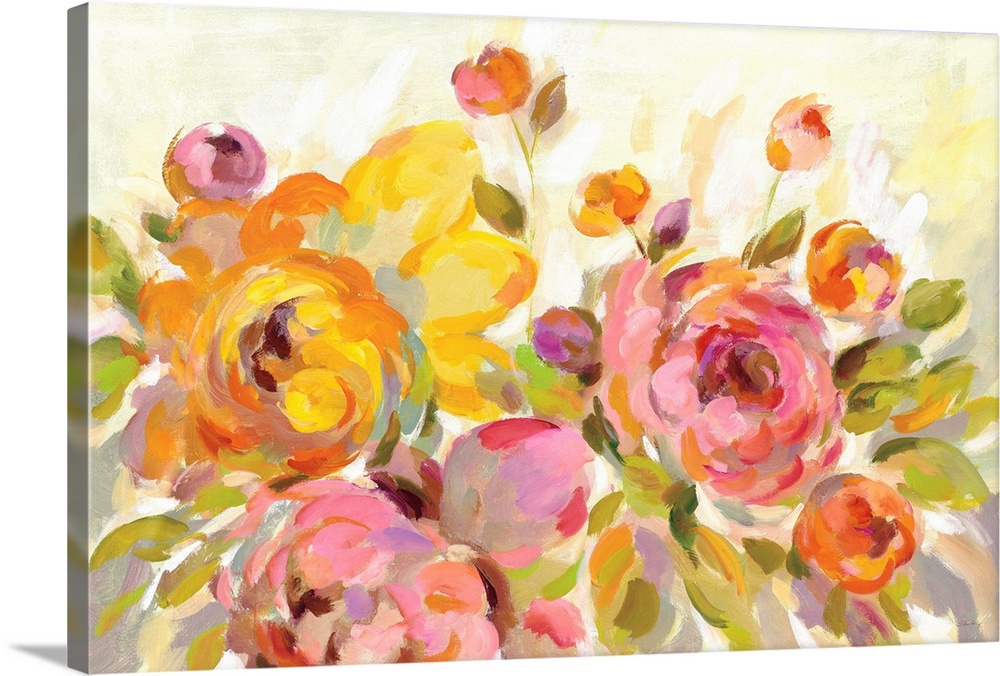Contemporary painting of pink and yellow peonies.