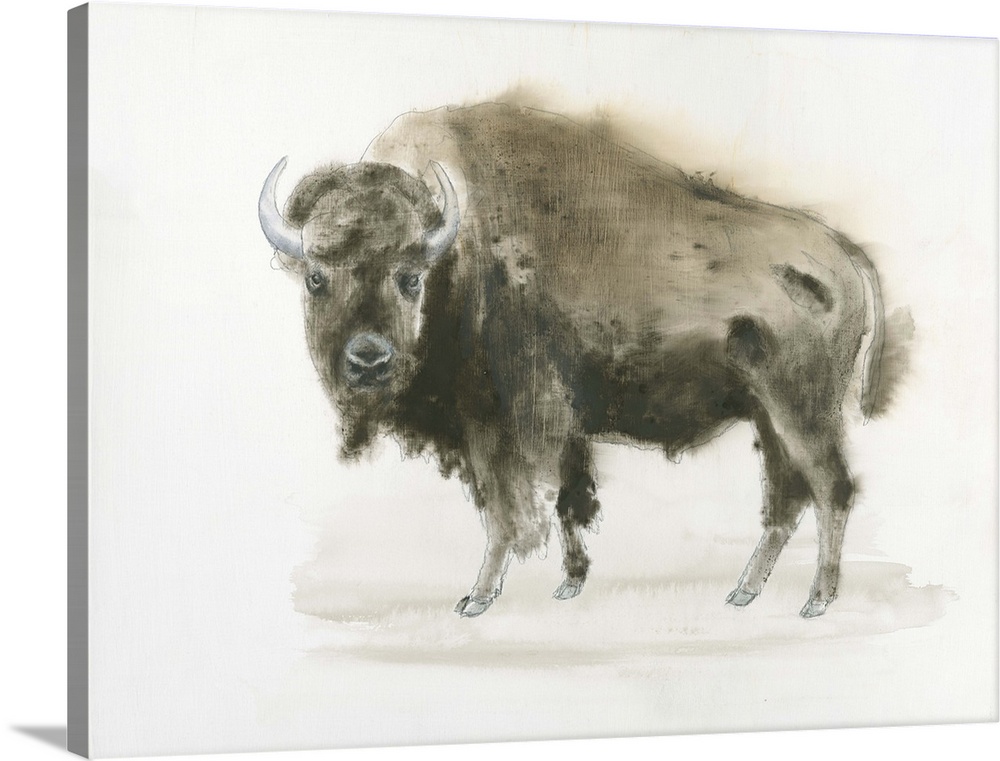 Contemporary artwork of a bison standing against a white background.