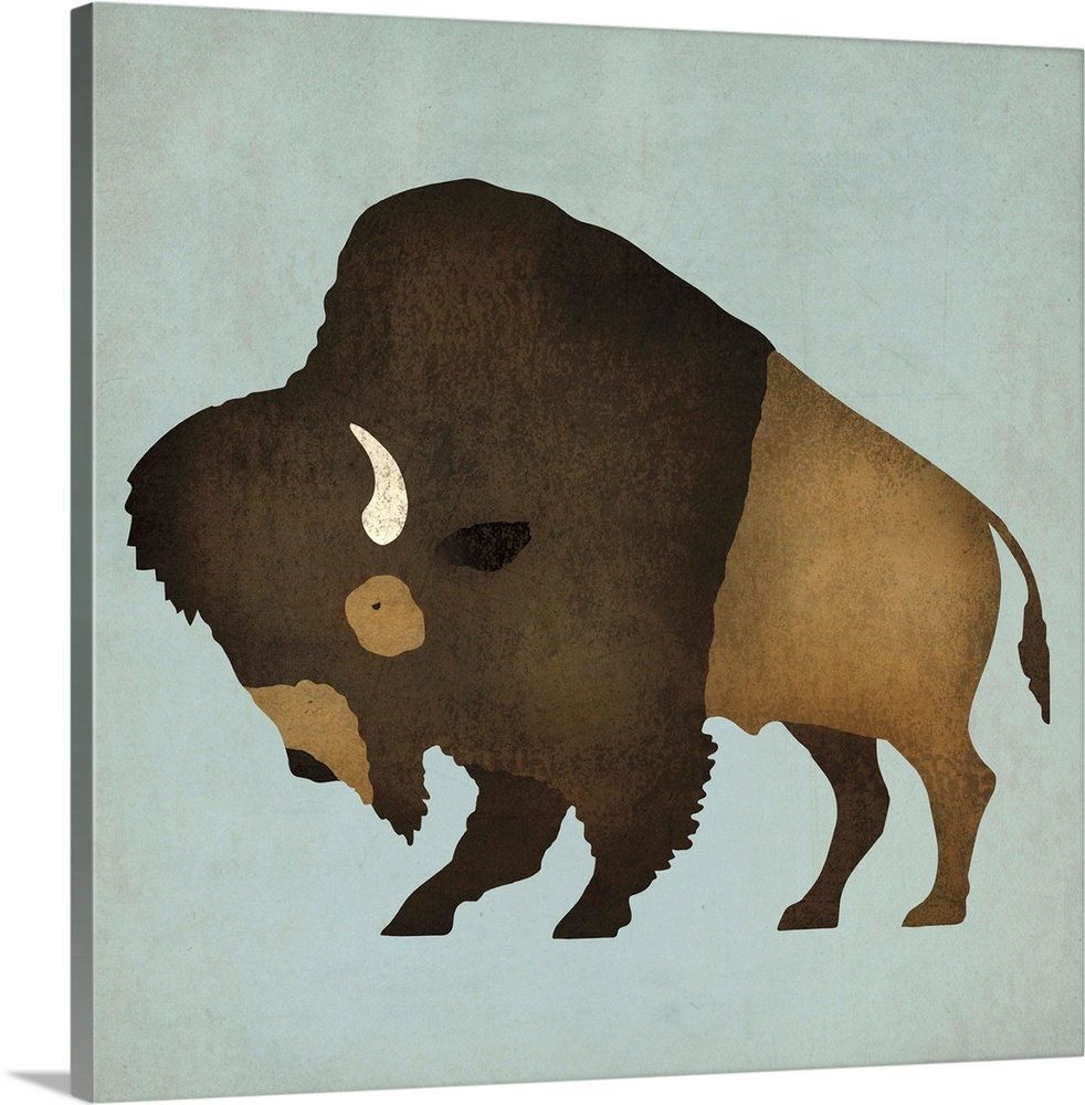 Artwork of a furry buffalo with white horns on a pale blue background.