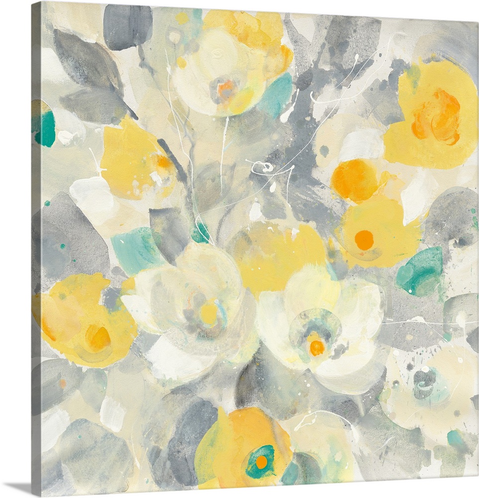 Square contemporary painting of a group of flowers in washed shades of grey and yellow with teal accents.