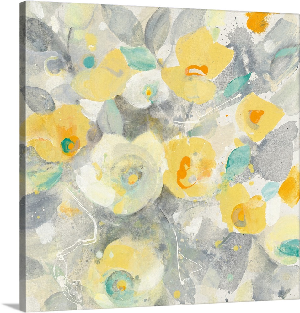 Square contemporary painting of a group of flowers in washed shades of grey and yellow with teal accents.