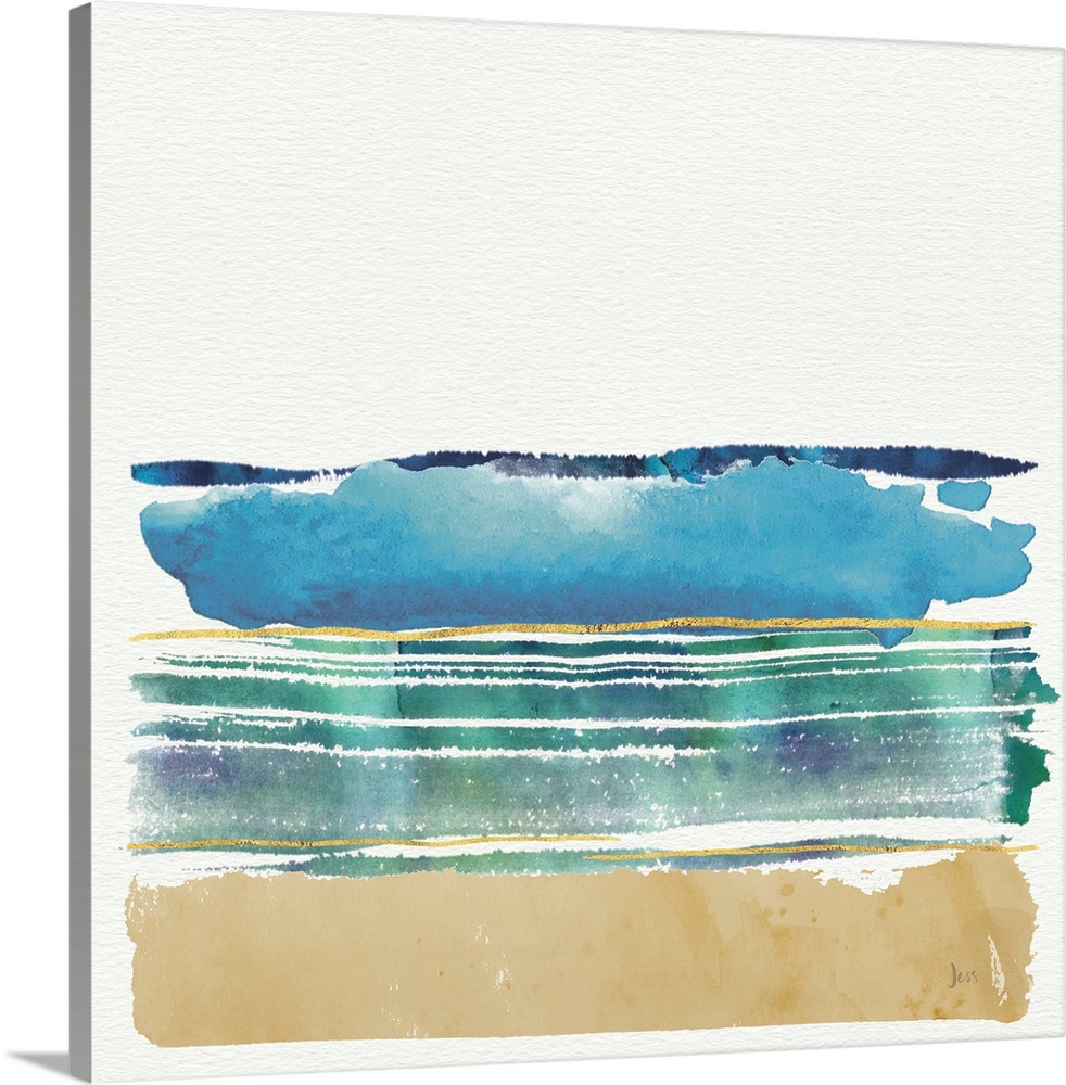 Watercolor painting of the ocean and sandy beach.