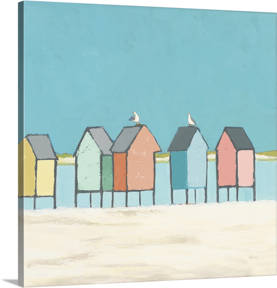 Decorative artwork of colorful sea shacks at the beach with two seagulls.