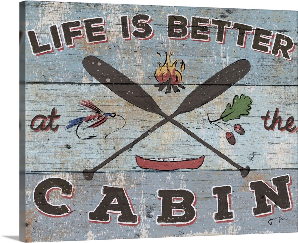Vintage style image on a wooden board background of crossed paddles and "Life is Better at the Cabin."