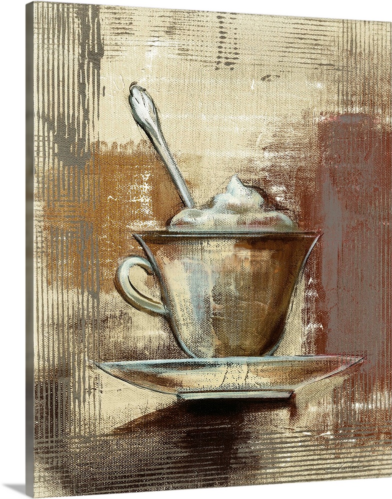 Contemporary painting of a cup of coffee with whipped cream on top on a textured neutral colored background.