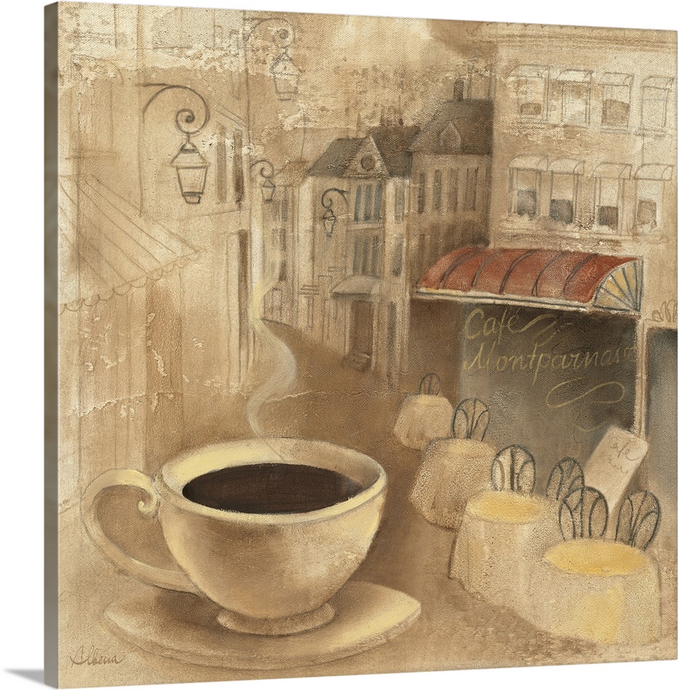 Decorative artwork perfect for the kitchen of a cafo with tables outside lining a street and a large cup of coffee drawn j...