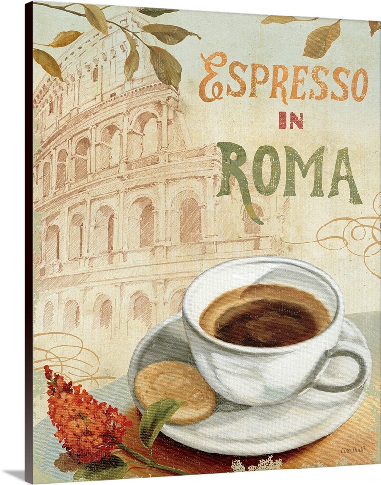 Large canvas art illustrates an advertisement for espresso set against a sketch of the Colosseum.  On the table next to th...