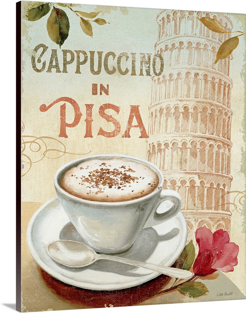 Large canvas art displays an advertisement for a coffee shop in Pisa, Italy.  On the table next to a flower within the for...