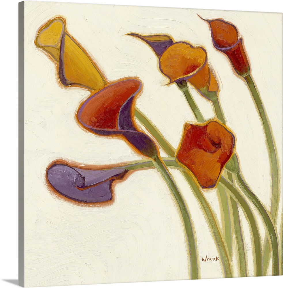Big, square decorative painting of a group of colorful calla lily's with stems extending upward from the bottom right, on ...