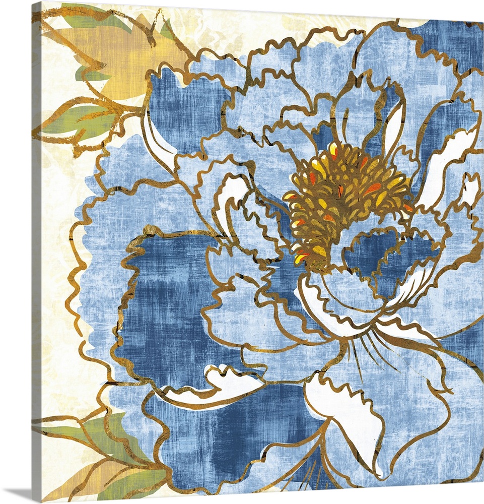 Large decorative blue peony blooms with gold accents and a neutral floral backdrop.