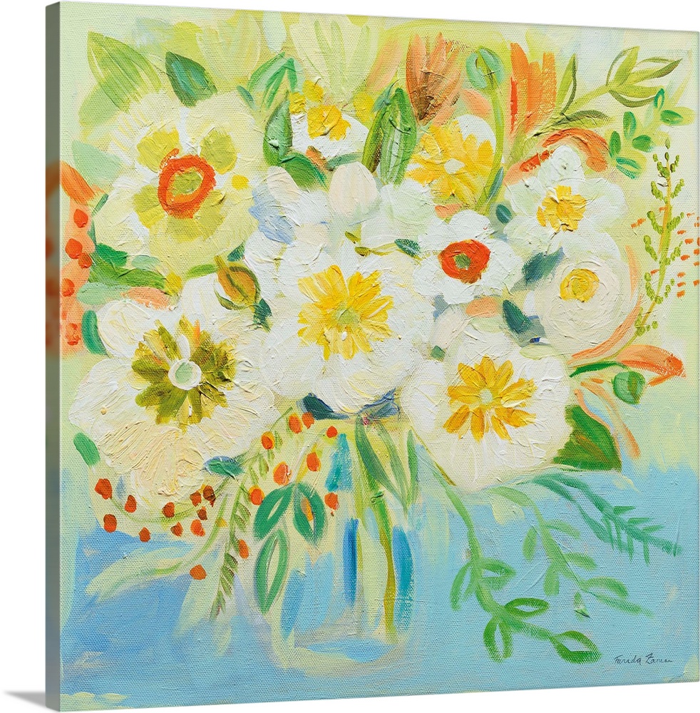 Square painting of an abstract bouquet of flowers in a vase with bright yellow, orange, blue, and green hues.