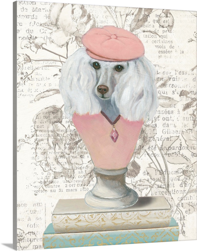 Humorous artwork of a bust of a poodle wearing a pink hat and sweater sitting on a stack of books against a floral letter ...