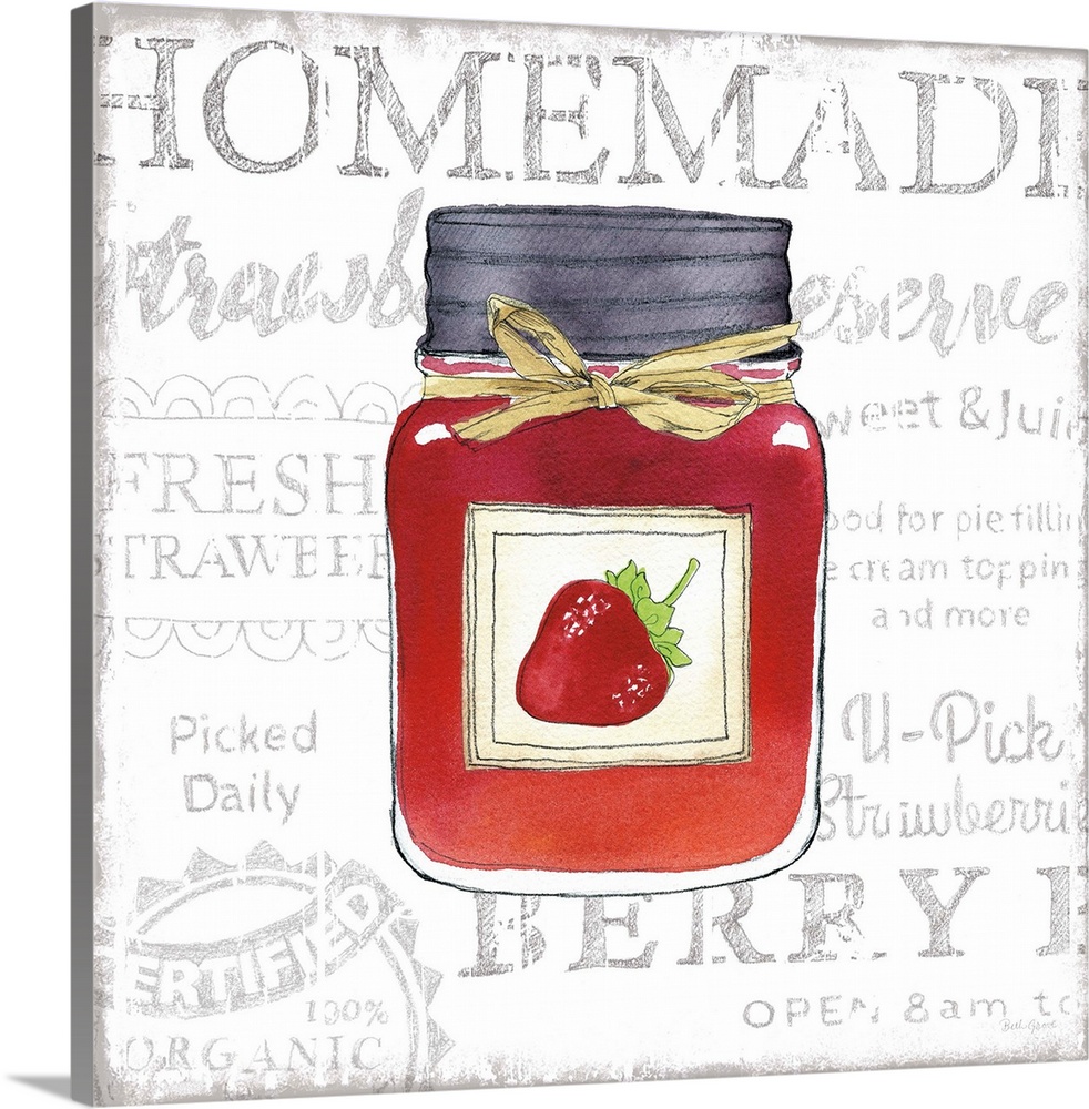 Square kitchen decor with a watercolor illustration of a jar of strawberry jam and black typography in the background.