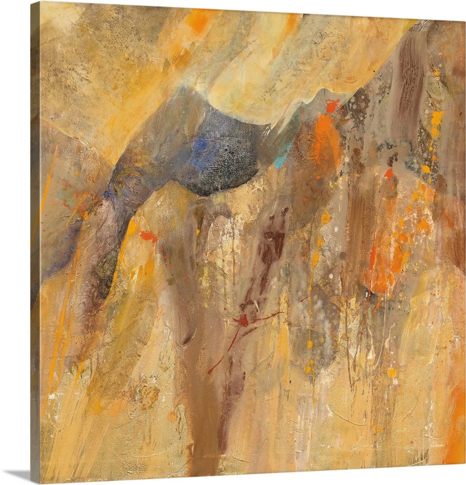 Square abstract painting with brown, orange, cream, and yellow hues resembling a canyon with small hints of blue paint spl...