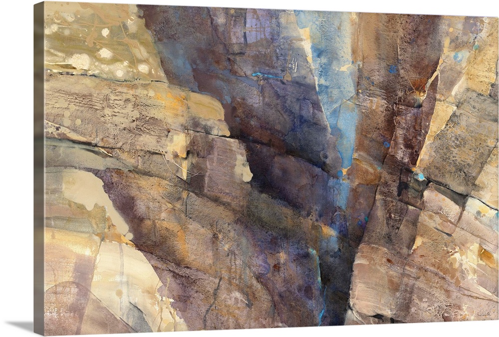 Large abstract painting with brown, gray, cream, and blue hues resembling a rocky canyon with small hints of paint splatter.