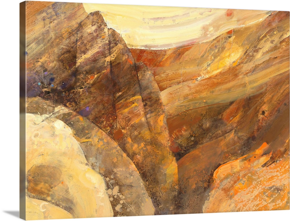 Large abstract painting with brown, orange, cream, and yellow hues resembling a canyon with small hints of purple paint sp...