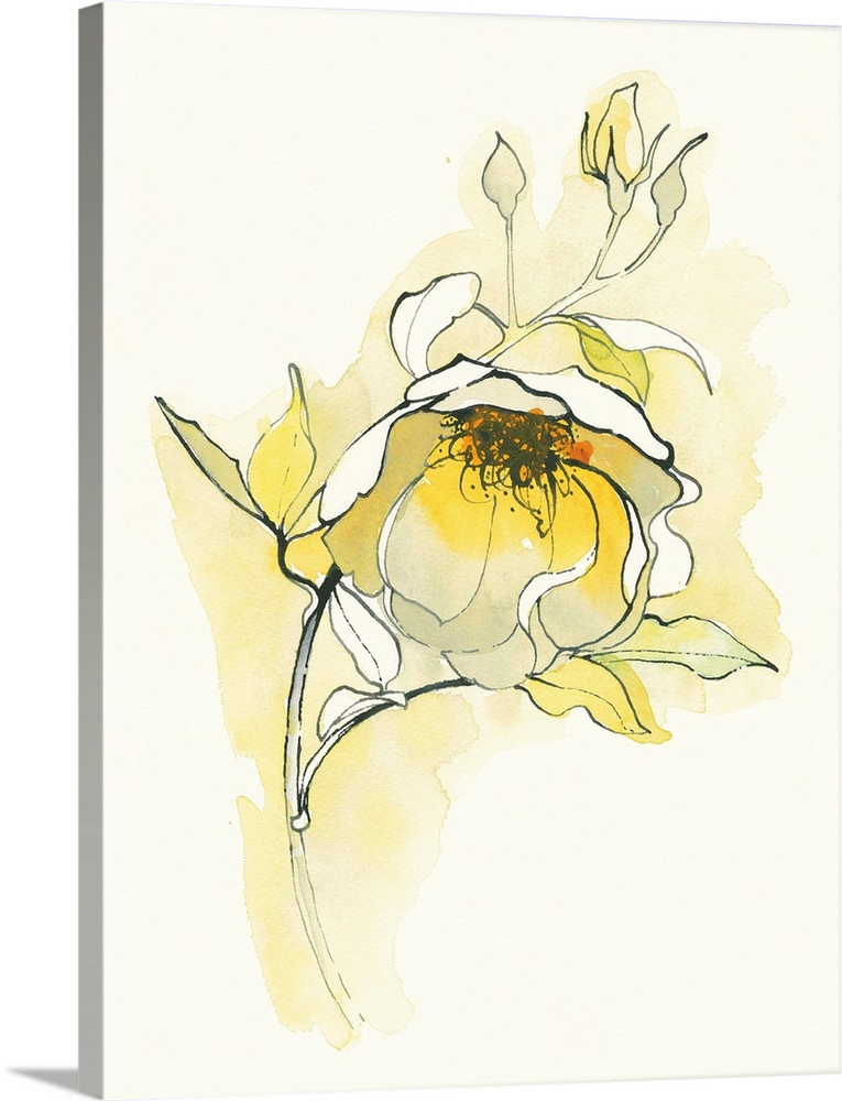 Vertical yellow floral watercolor painting with black pen and ink outlines