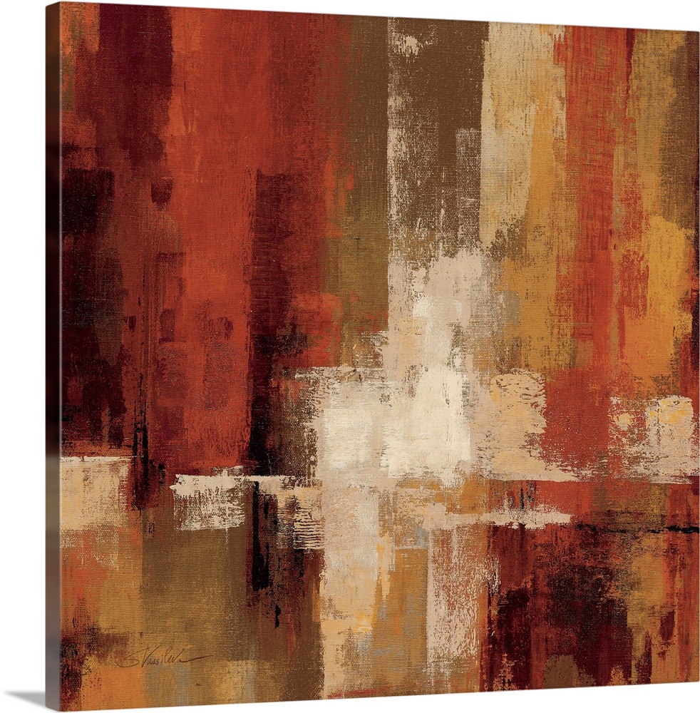 This decorative accent is a square canvas of a contemporary, abstract painting with strong vertical movement.