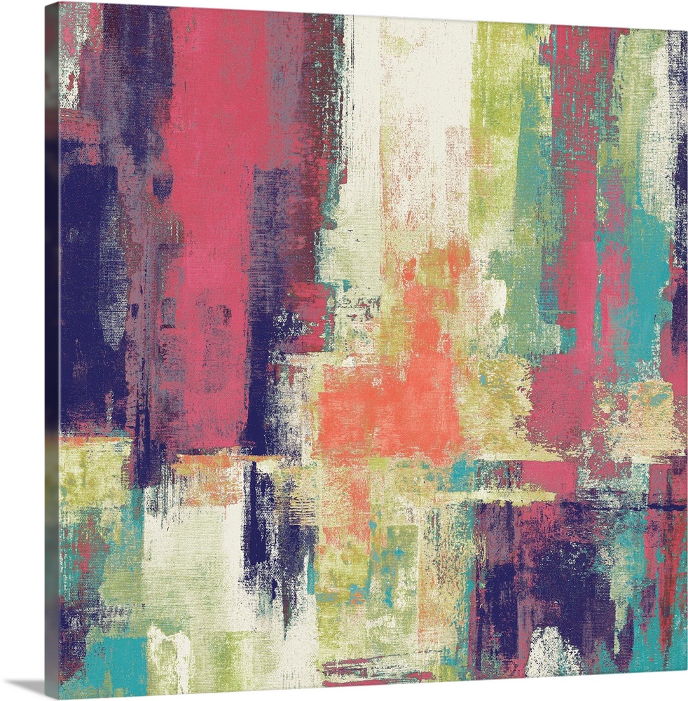 Square abstract painting with bold colors layered on top of each other.