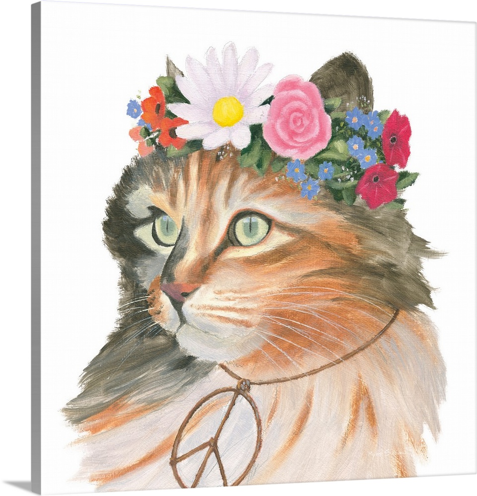 Square painting of a brown, gray, and black cat wearing a flower crown and a peace sign necklace on a white background.