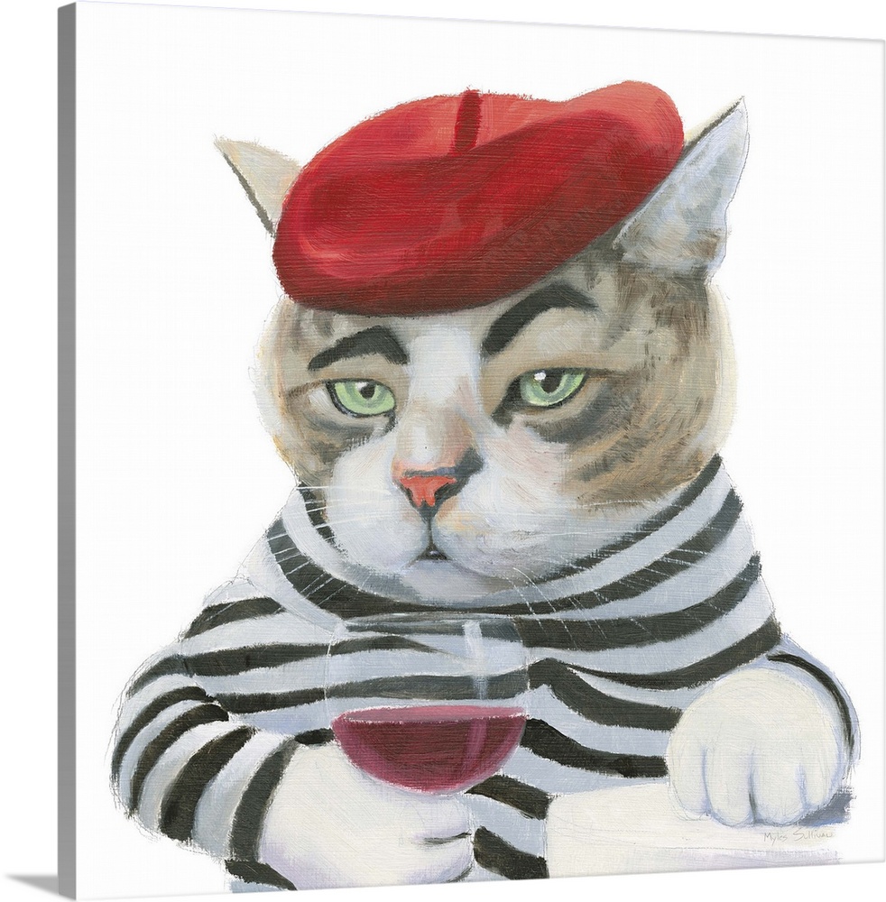 Square painting of a French cat wearing a red beret and a black and white striped shirt, drinking a glass on red wine on a...
