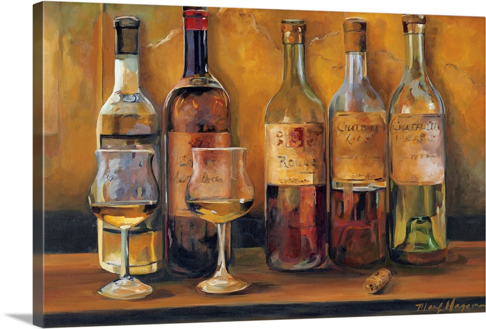 This horizontal still life painting shows five uncorked white wines waiting to be sampled.