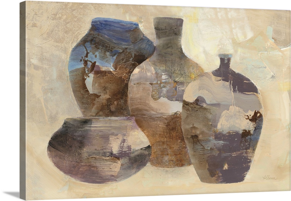A contemporary painting of a group of pottery jugs in swirls earth tone colors.