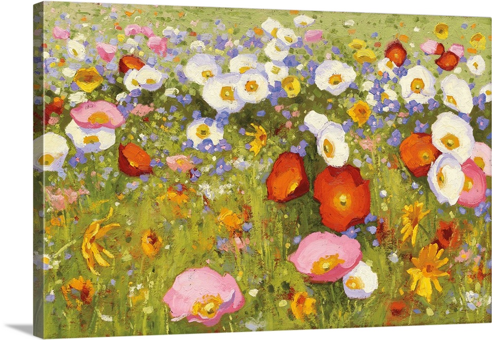 Contemporary artwork of a field of blooming flowers in pink, red, and white.