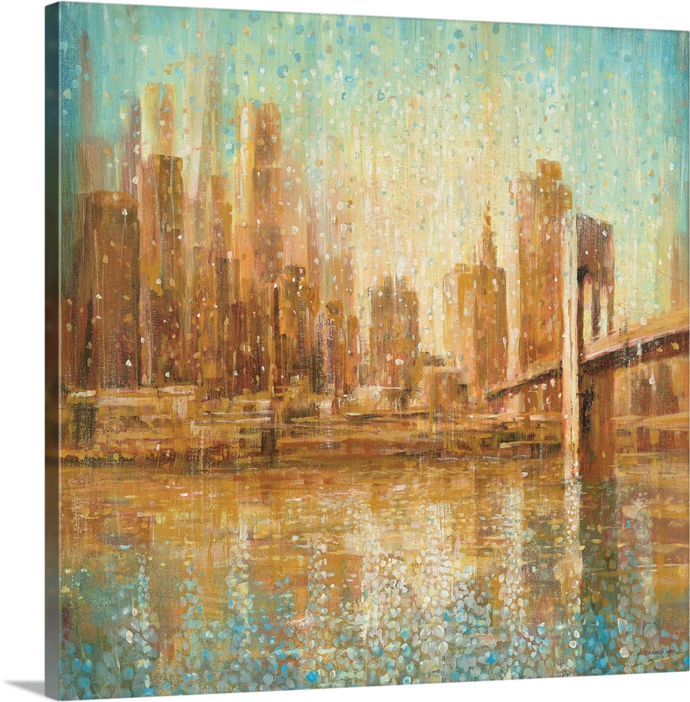 A contemporary painting of a city skyline from across a river.