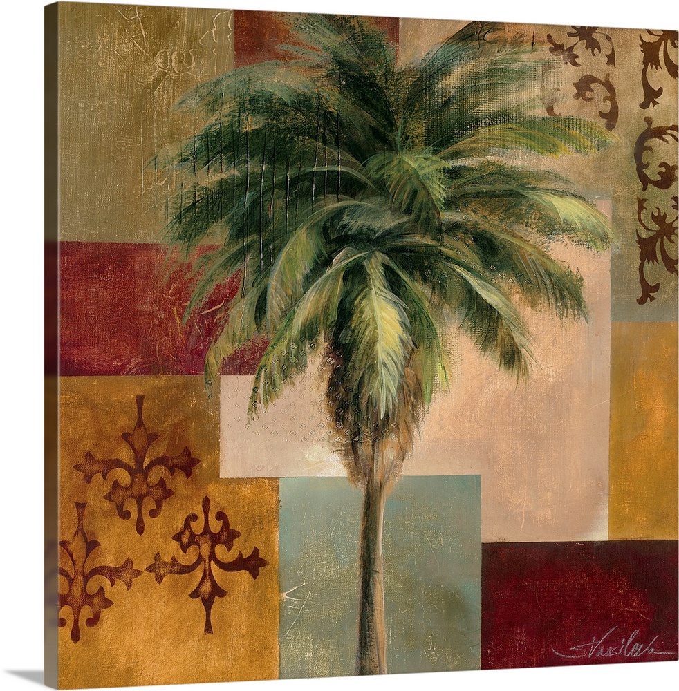 A palm tree is painted against blocks of colors and designs.
