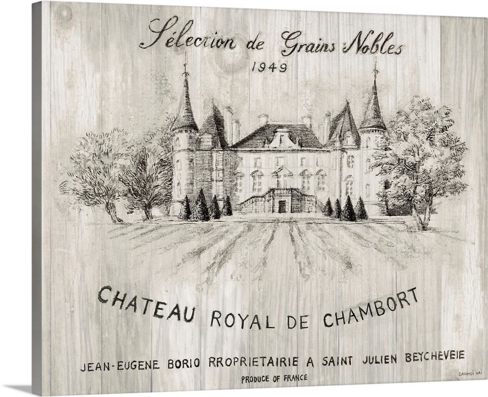 Gray and white sketch of the Chateau Royal De Chamborat vineyard on wood panels.