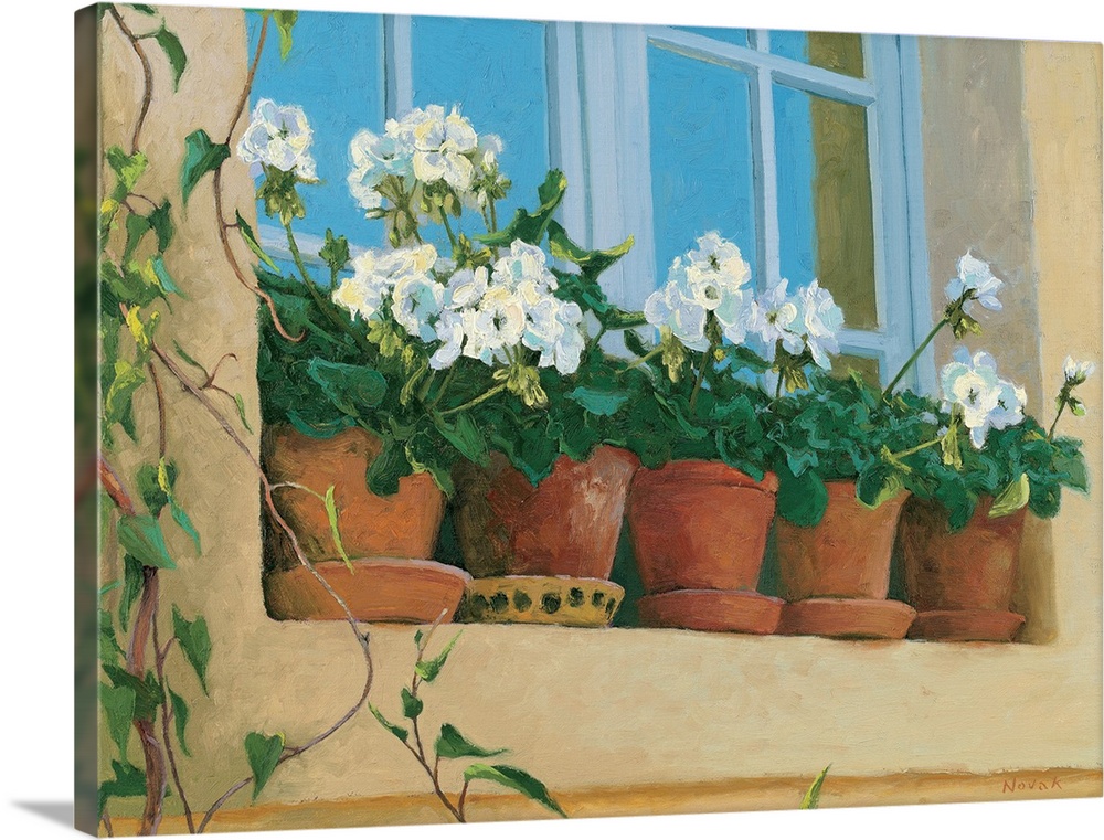 Contemporary painting of potted flowers sitting on a window sill.