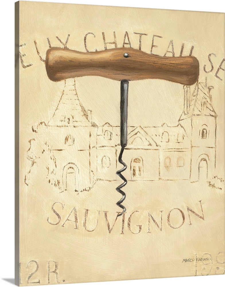 Contemporary artwork of an old fashioned traditional corkscrew against a beige background.