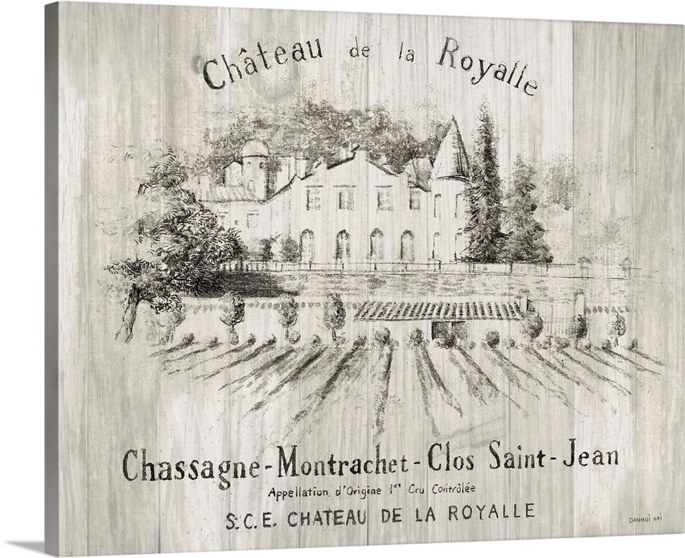 Gray and white sketch of the Chateau Royalle vineyard on wood panels.